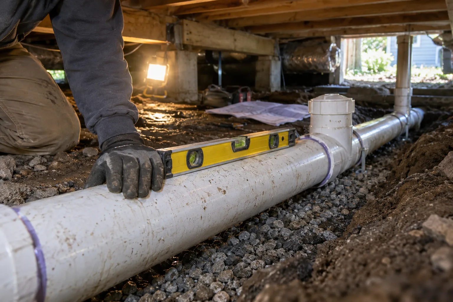 A level resting on a sloped PVC building drain in a crawlspace trench