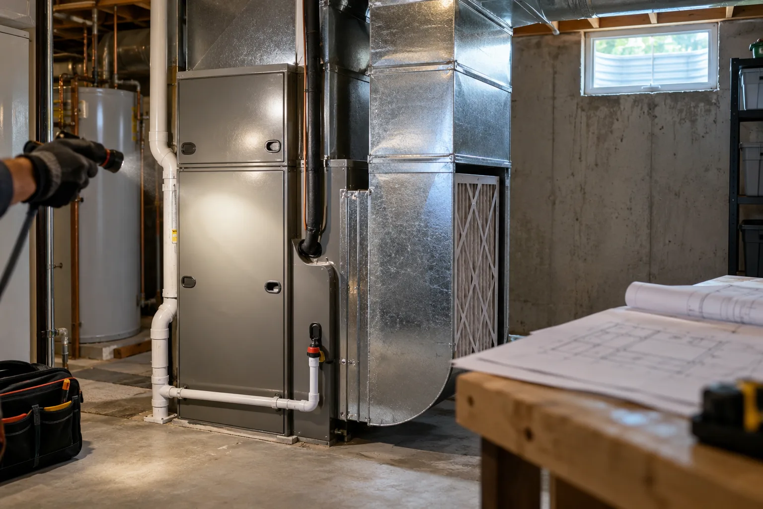 Air handler and supply plenum in a basement mechanical room