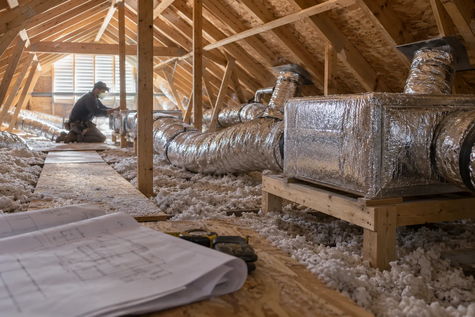 Attic trunk duct with insulated flex branches running across the joists
