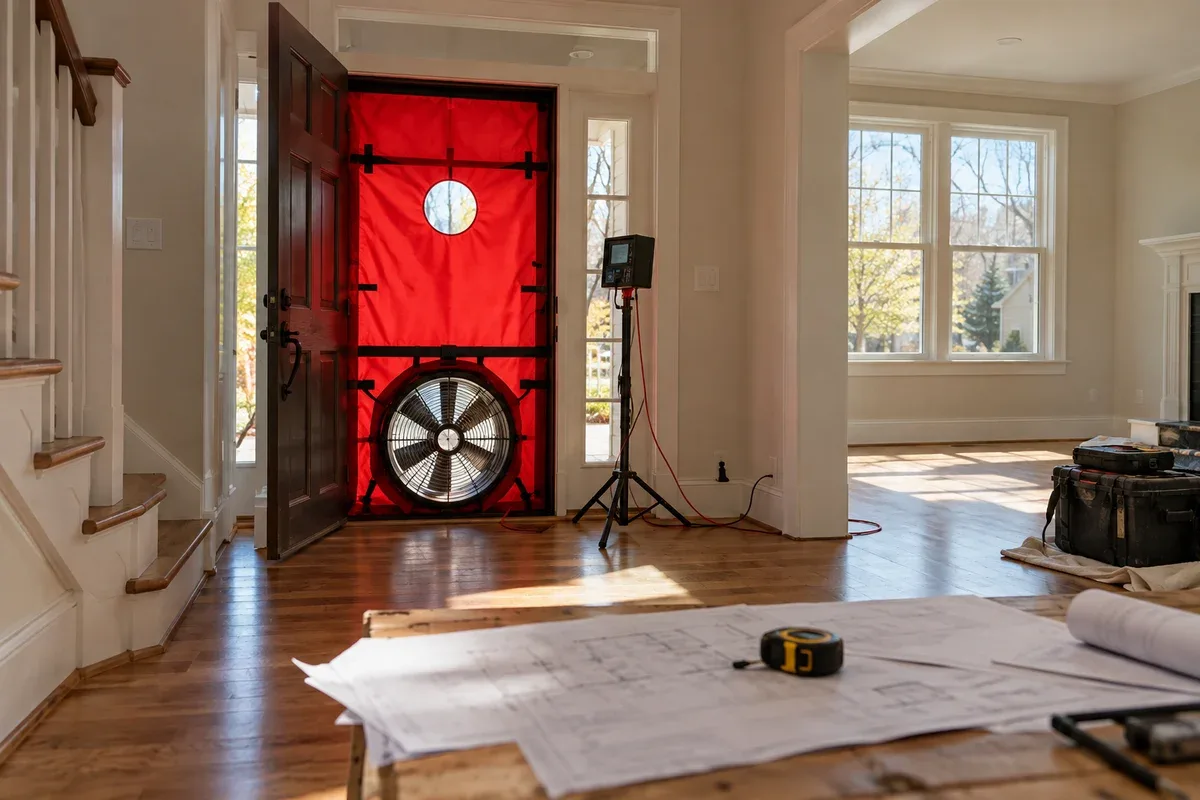 Blower door test with a red fabric panel and fan set up in a front doorway, plan sheets on a table in front