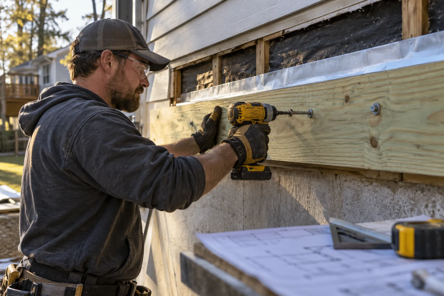 Carpenter in safety glasses seen from the side fastening a flashed ledger board to a house band joist