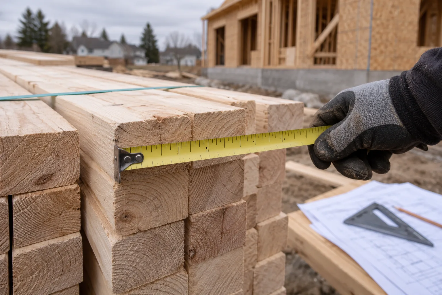 Close view of a tape measure hooked on the end of a precut stud in a lumber stack, a framer's gloved hand holding the blade