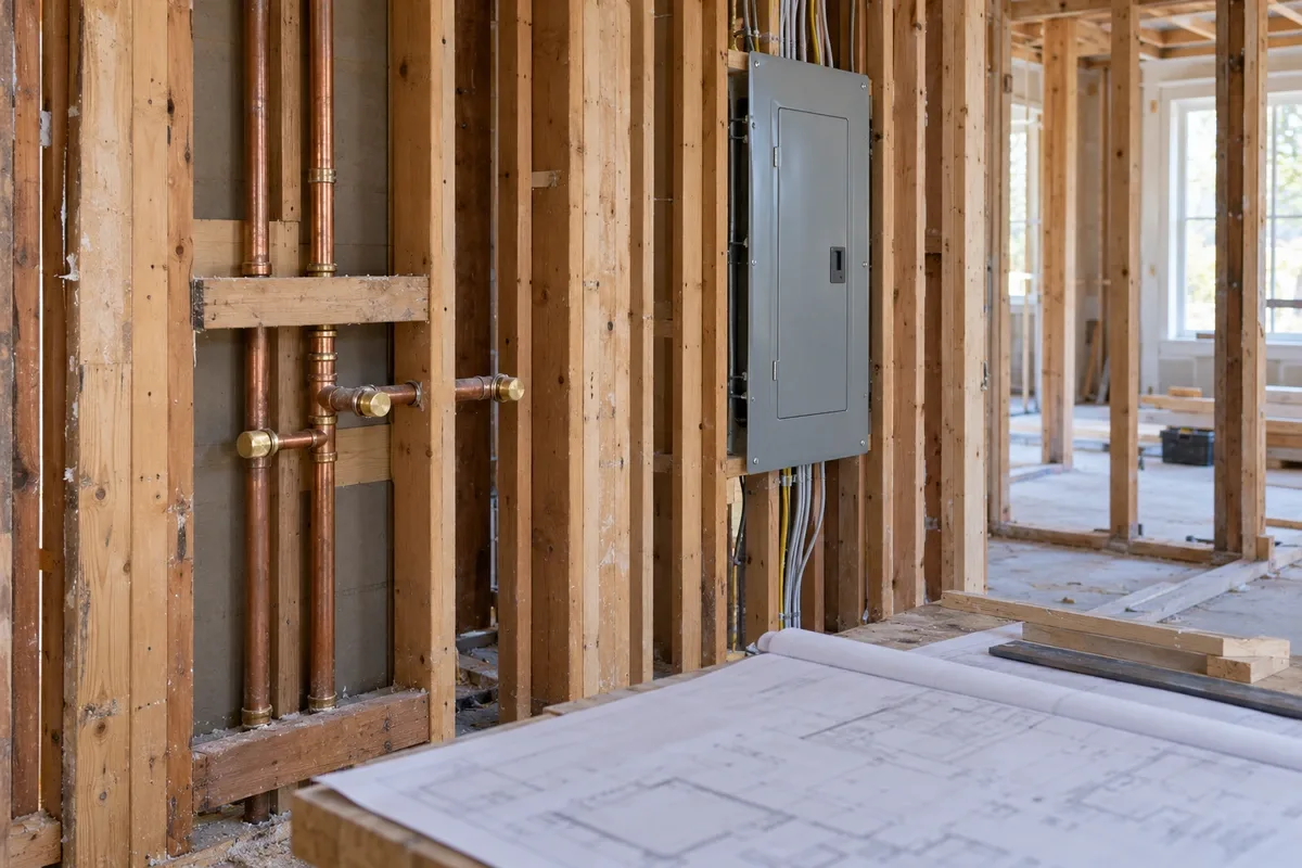 Closed electrical panel and copper pipes between exposed wall studs