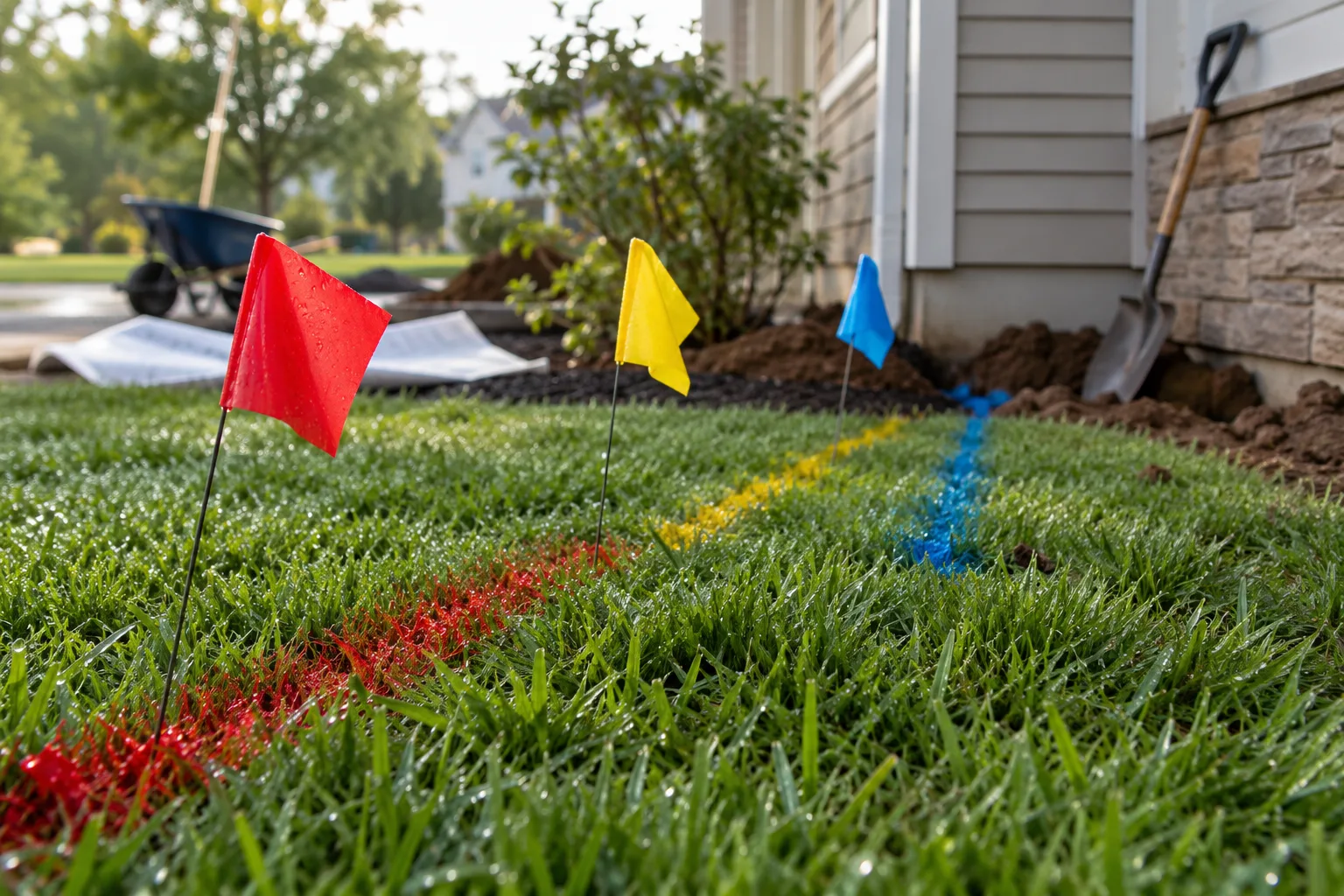 Colored utility marking flags and painted lines across a front lawn beside a house