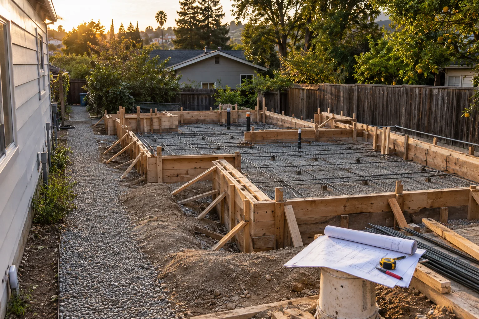 Concrete foundation forms for a small backyard unit behind an existing house