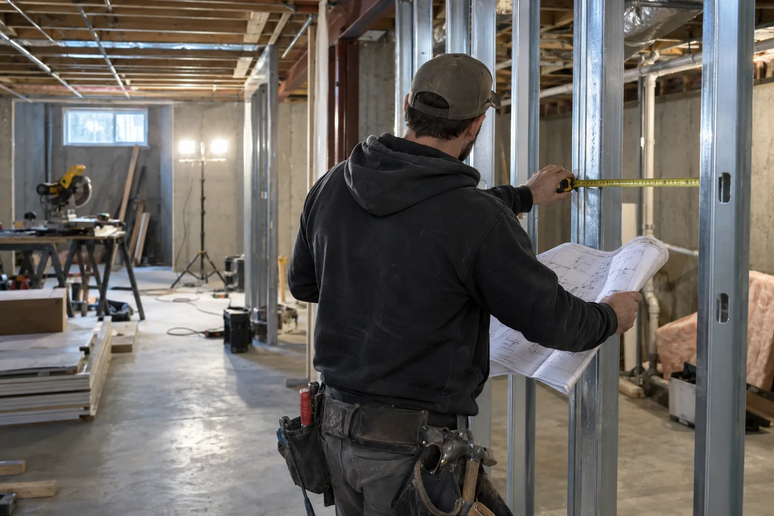 Contractor in a half-finished basement checking a partition length with a tape measure while holding a printed plan