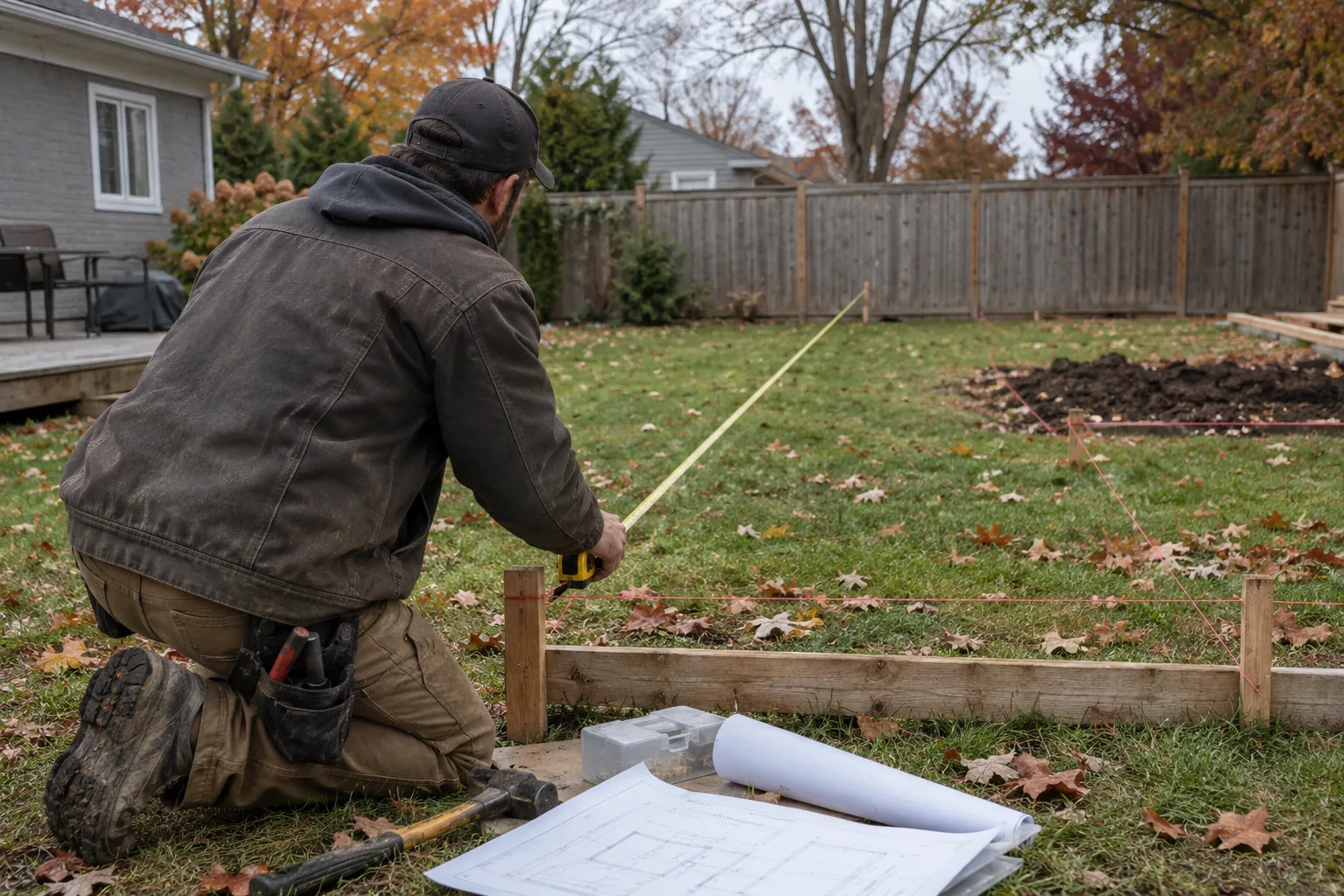 Contractor seen from behind pulling a tape from a deck corner stake toward a rear fence line