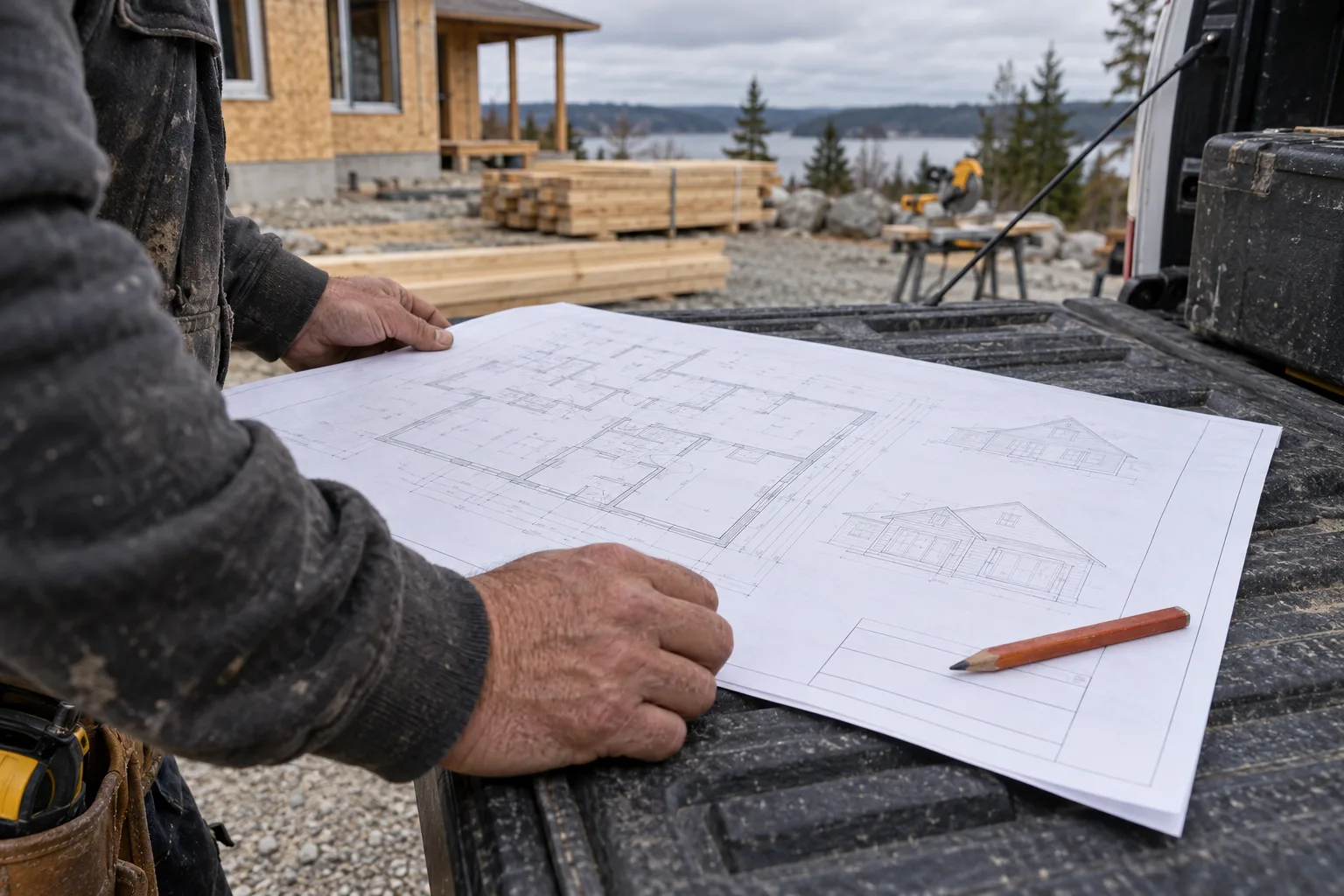Contractor's hands holding a printed plan sheet over a tailgate, a pencil marking the title block corner