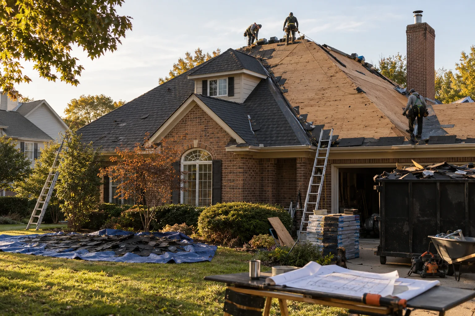 Cut up hip roof with valleys and a dormer seen from a neighboring yard