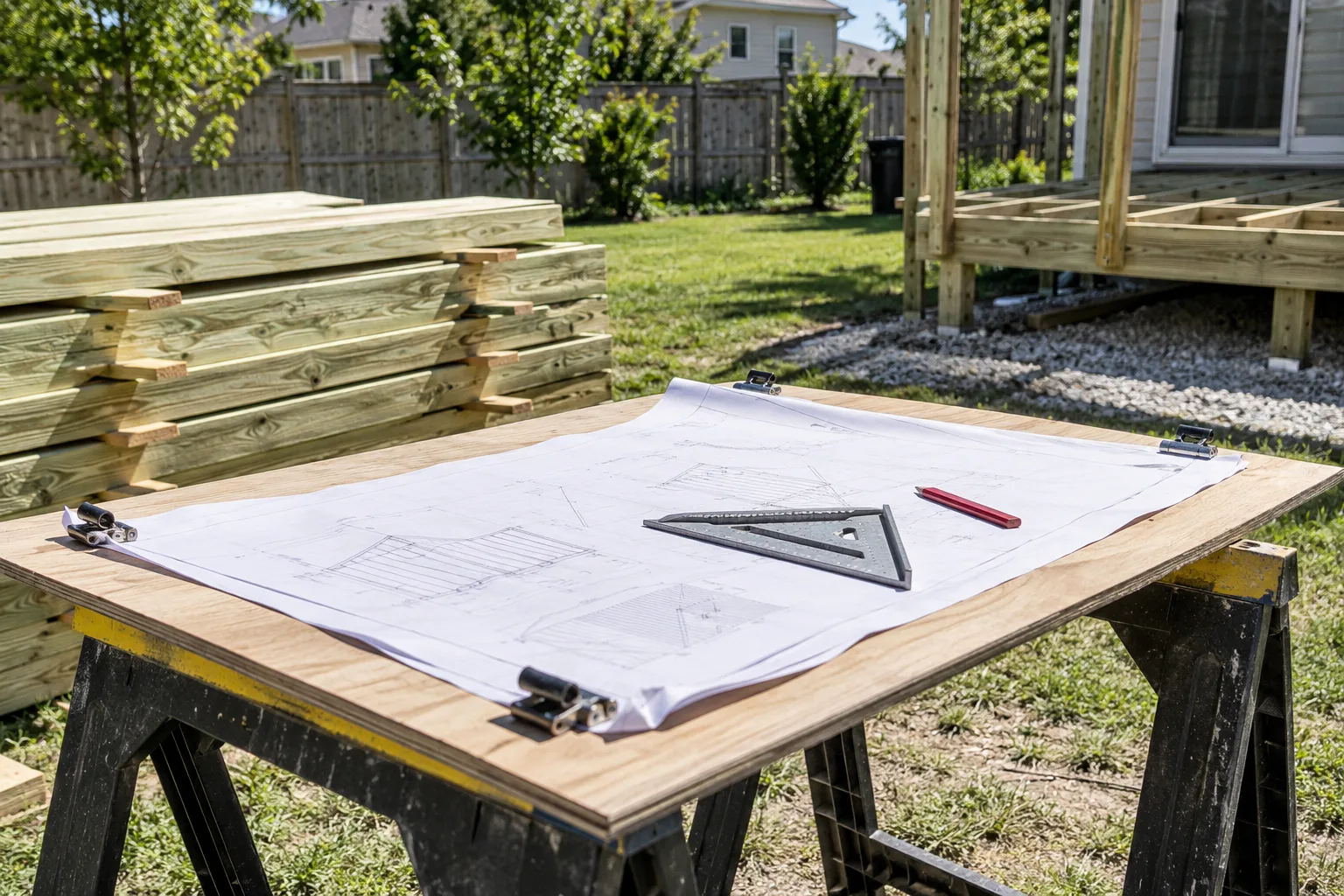 Deck plan sheets on a sawhorse table beside a stack of pressure treated joists