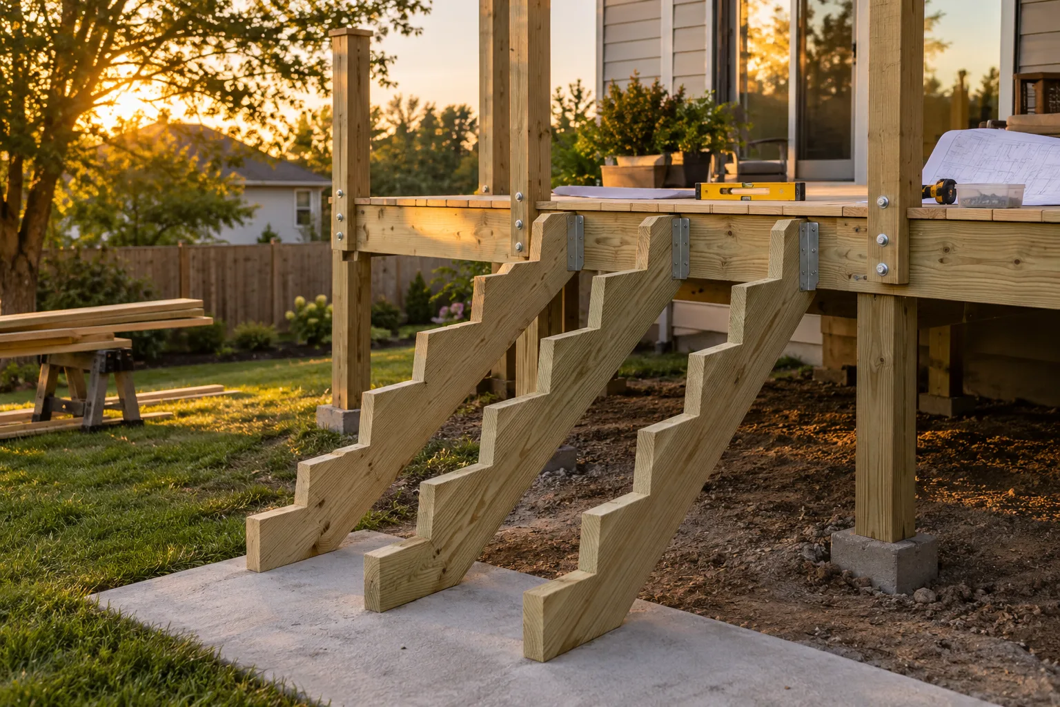 Deck stair stringers and guard posts installed on a raised wooden deck, no balusters yet