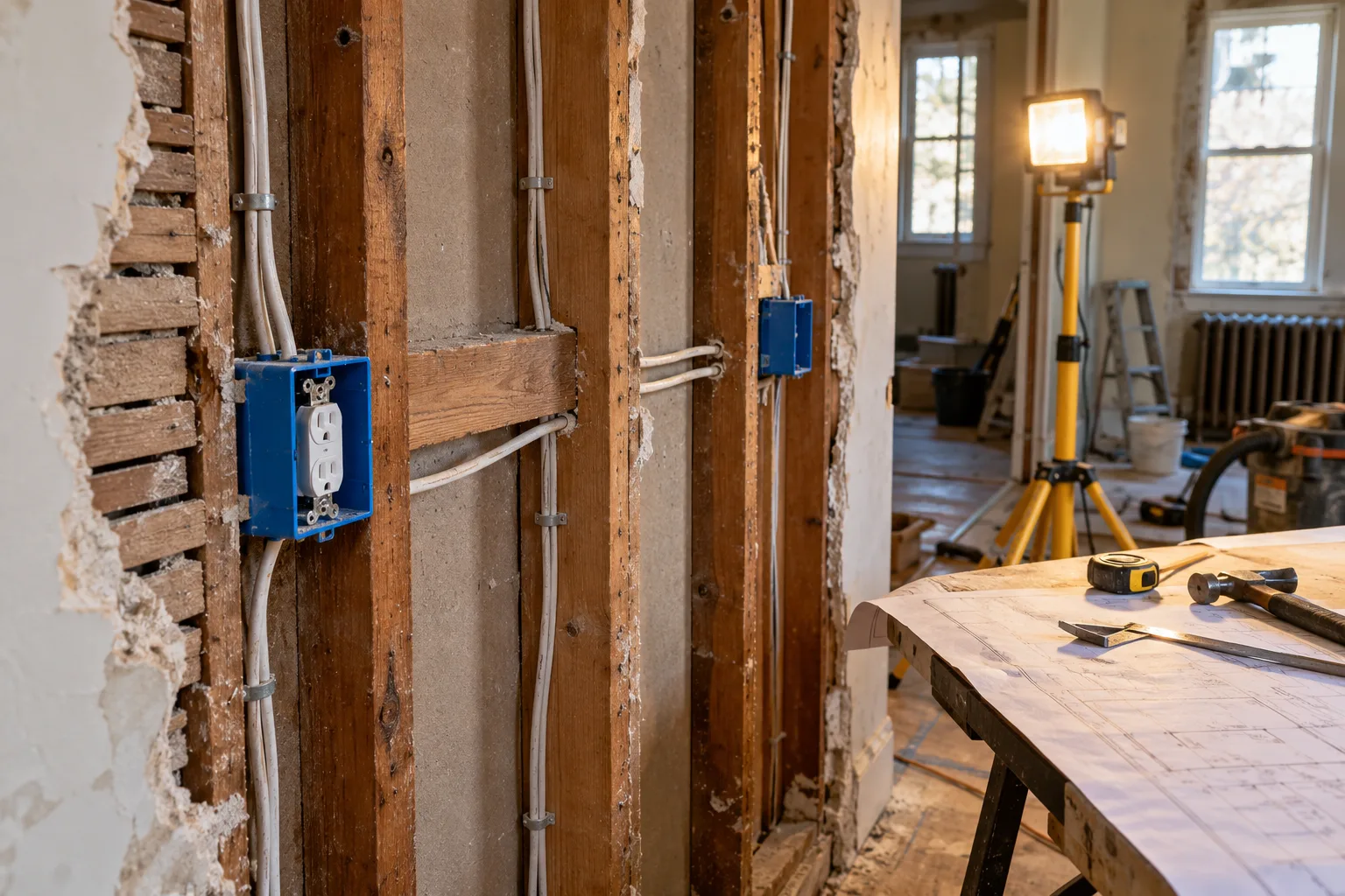 Electrical boxes and cable stapled along unfinished wall studs in a remodel