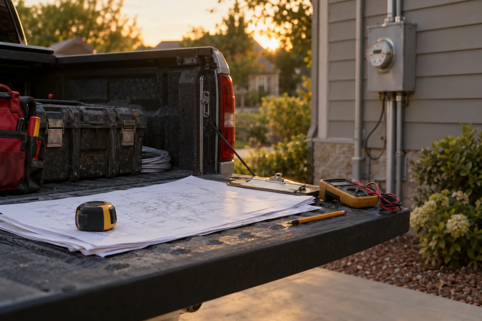 Electrical plan sheets and a clipboard on a pickup tailgate beside a meter base