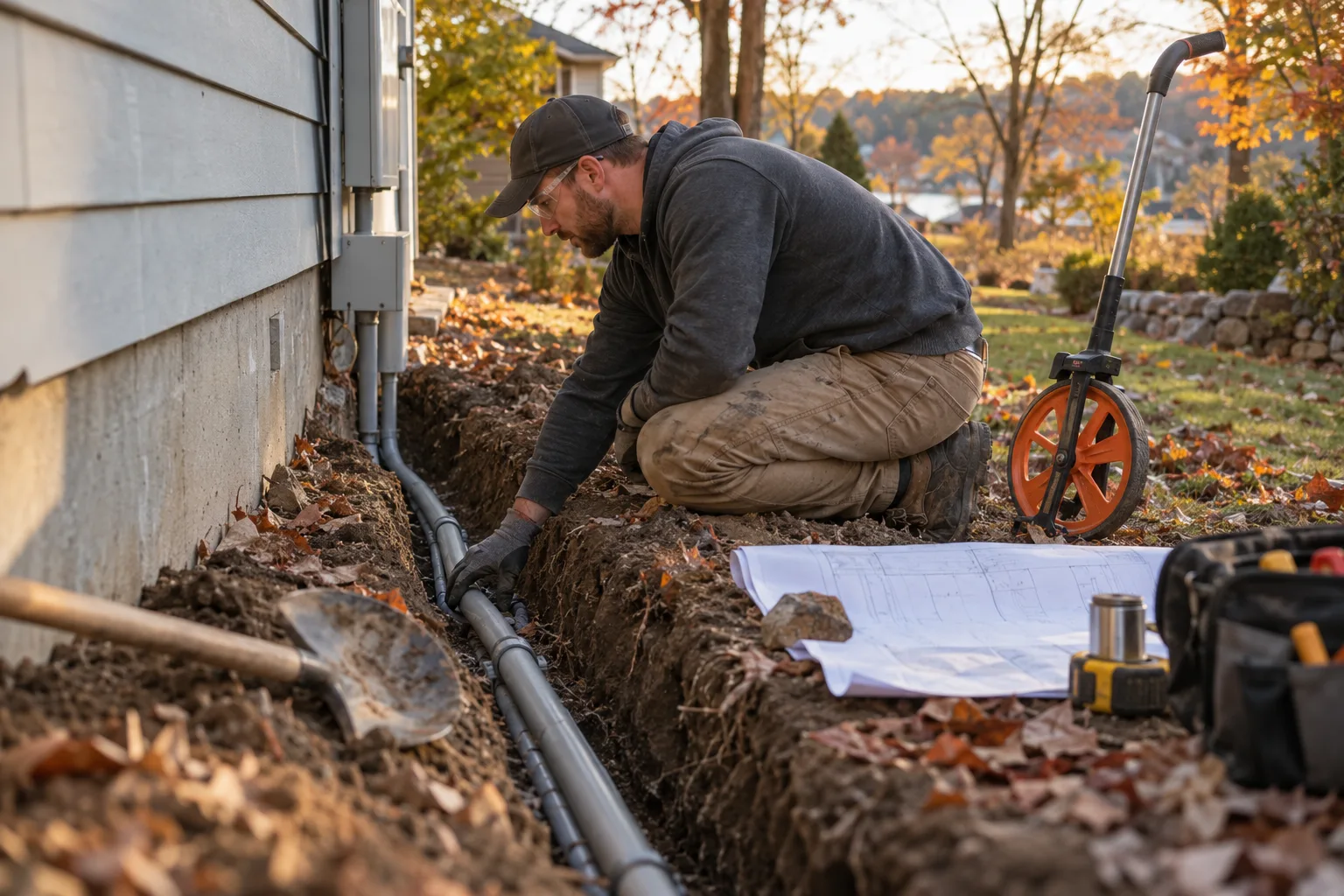 Electrician in safety glasses laying conduit in a shallow trench beside a house