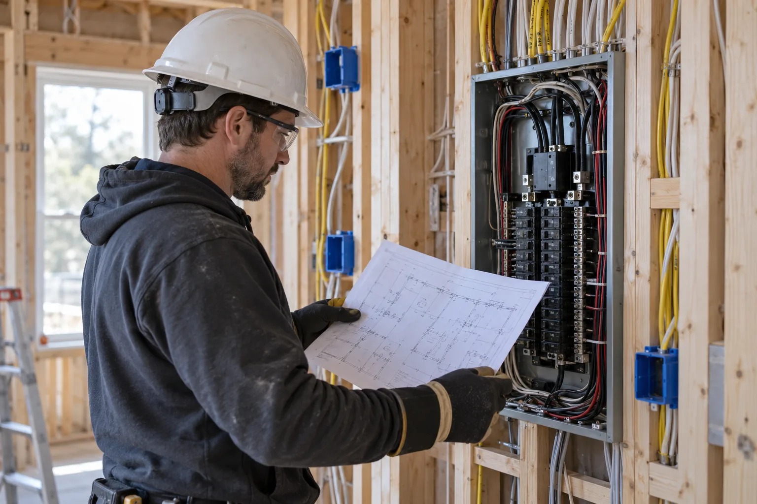 Electrician wearing gloves holding a printed electrical plan beside an open residential panel during rough-in