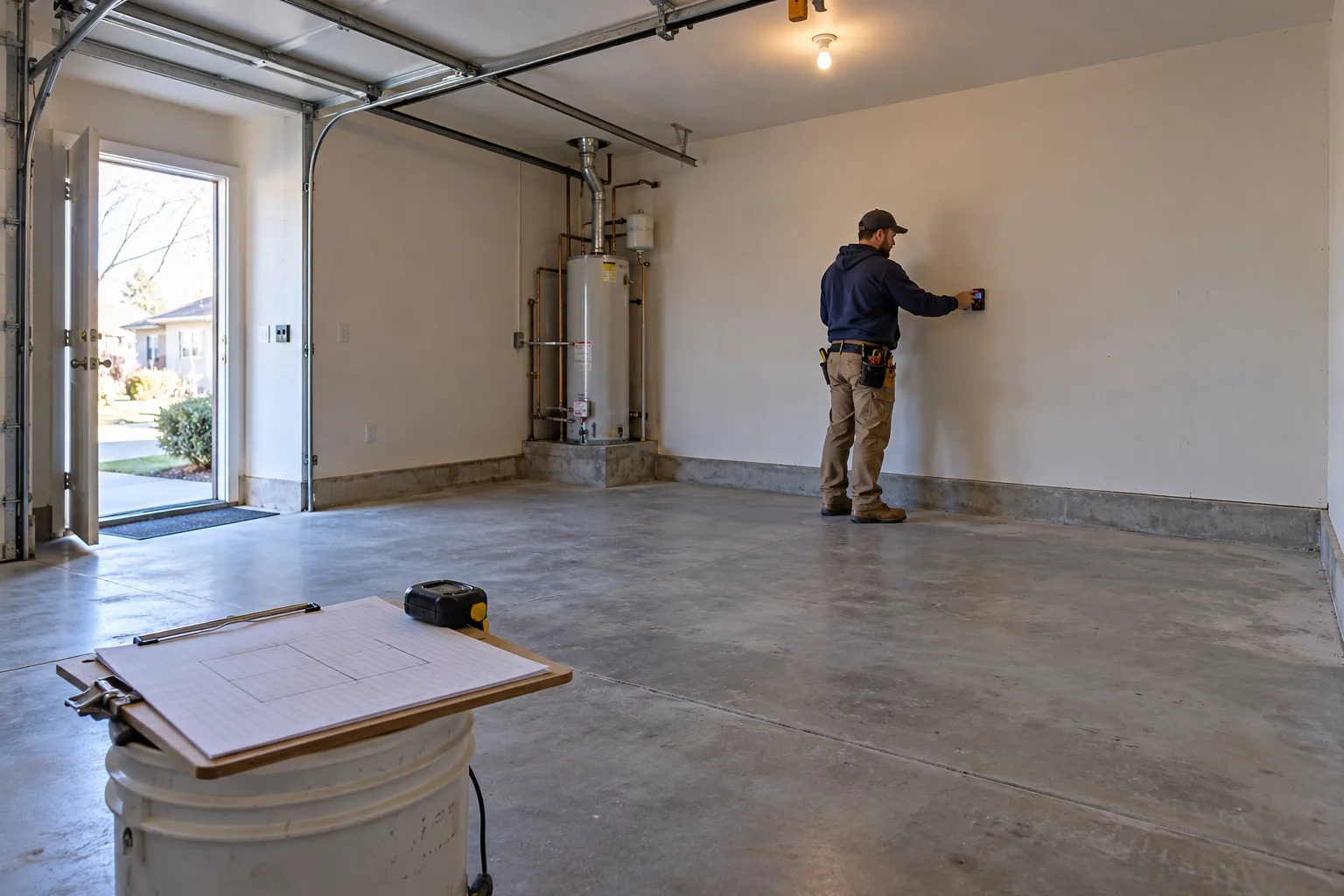 Empty attached garage with a water heater, a worker measuring the back wall and a clipboard with a grid sketch on a bucket