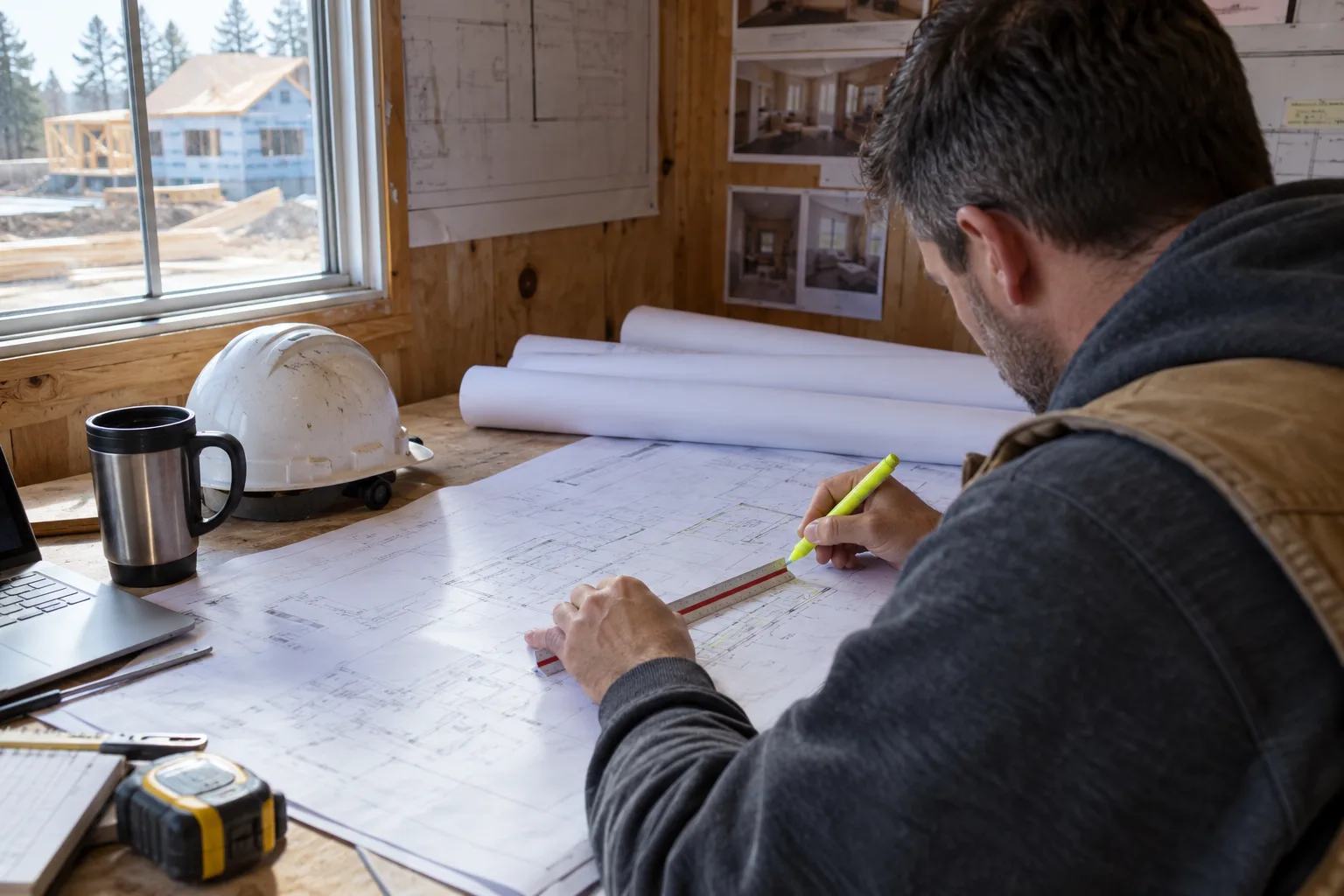 Estimator at a jobsite office table tracing wall runs on a large plan sheet with a scale ruler and highlighter