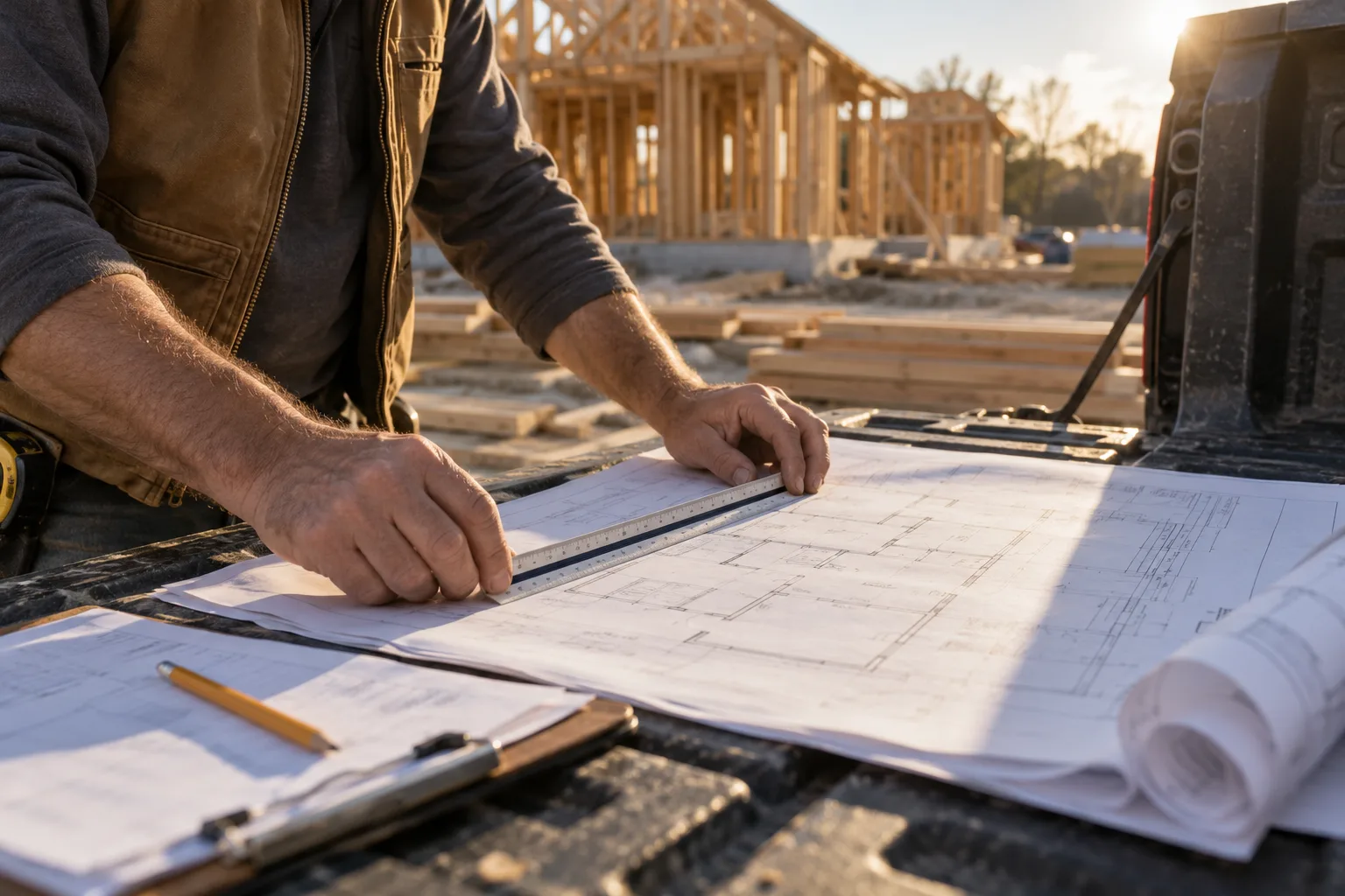Estimator checking a printed plan with a scale ruler on a tailgate next to a framed house