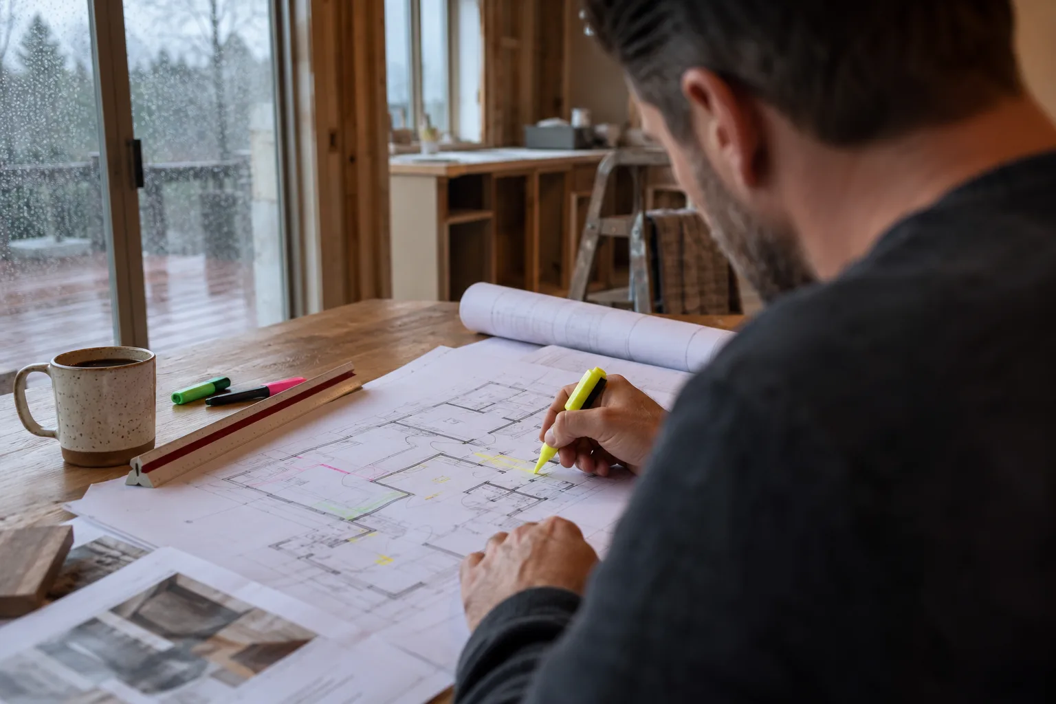 Estimator marking electrical symbols on a residential plan at a kitchen table