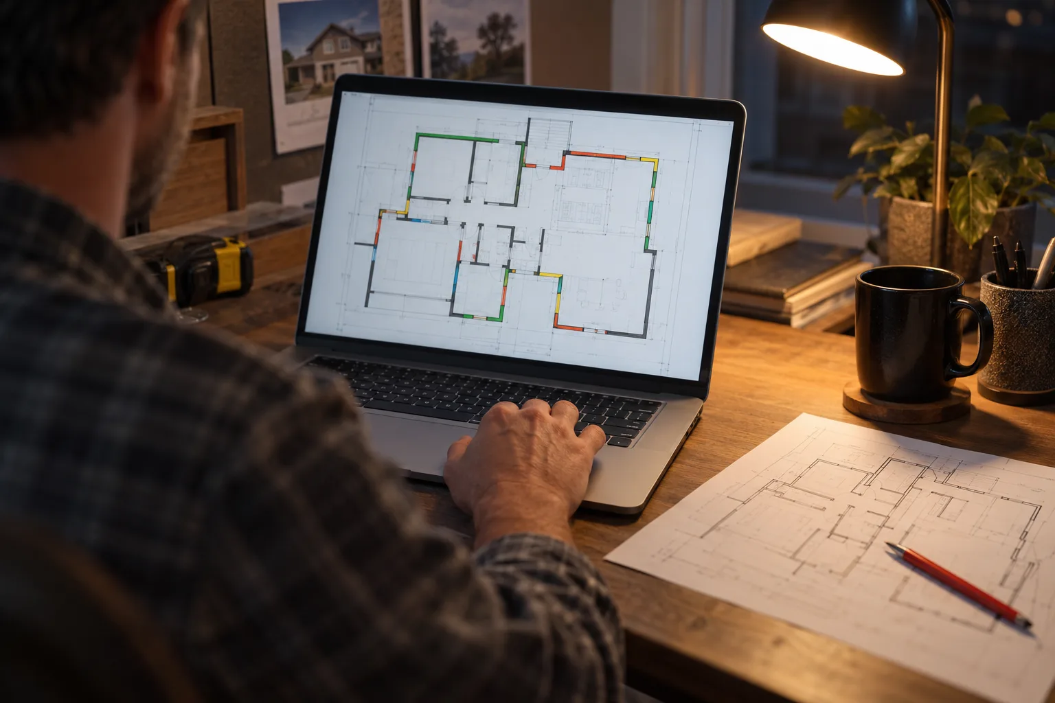 Estimator's hands on a laptop trackpad, the screen showing a floor plan with colored wall highlights, a printed plan beside it