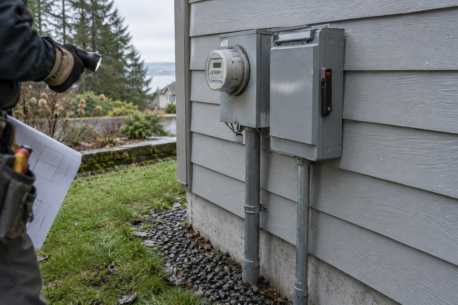 Exterior meter and service disconnect on house siding on an overcast morning