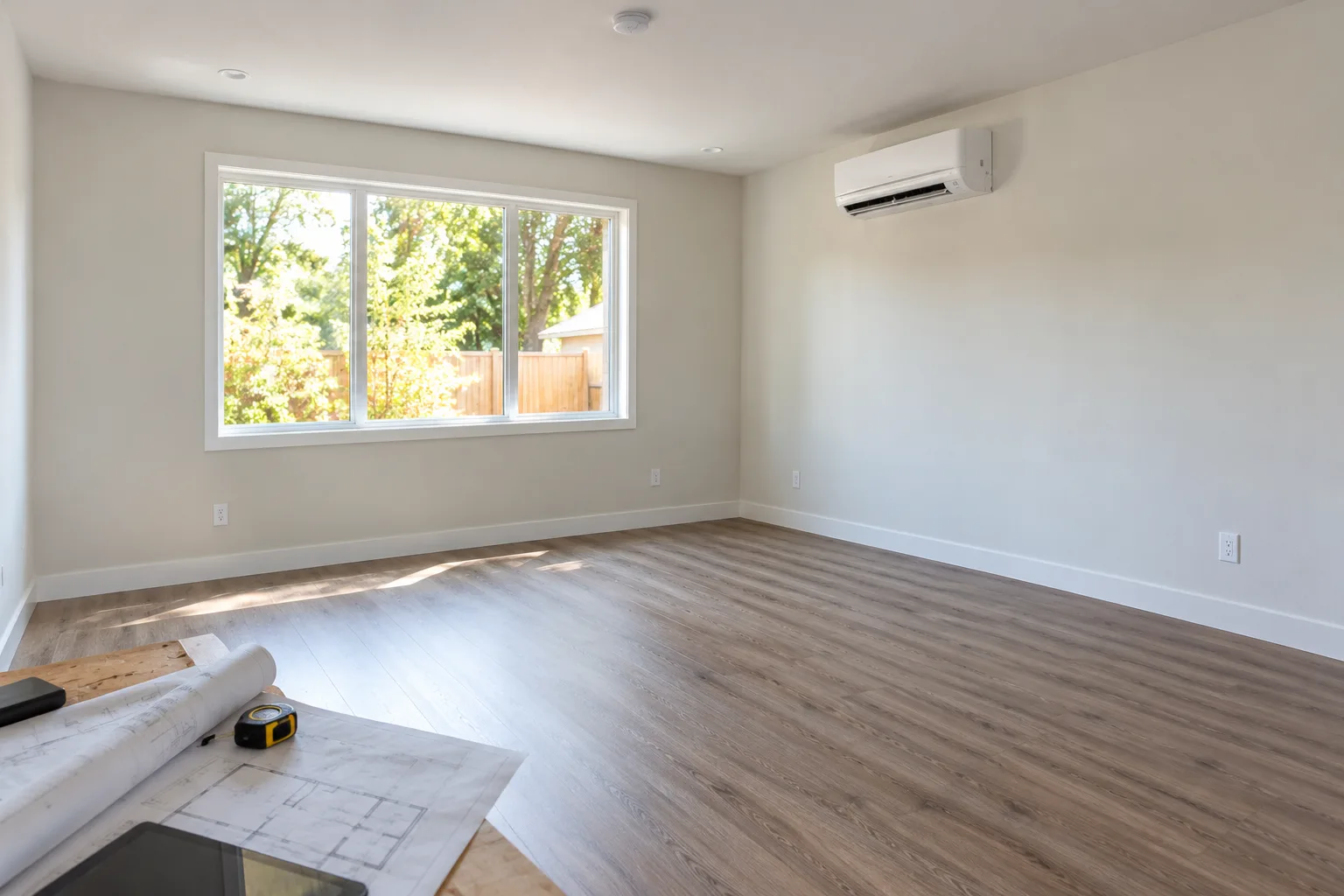 Finished converted garage with painted walls, a wide window, wood look floor, a ductless wall unit and a ceiling smoke alarm