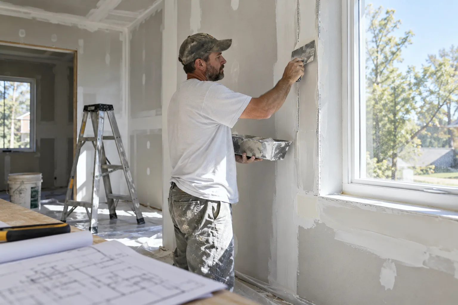 Finisher applying joint compound over taped seams and corner bead around a window opening