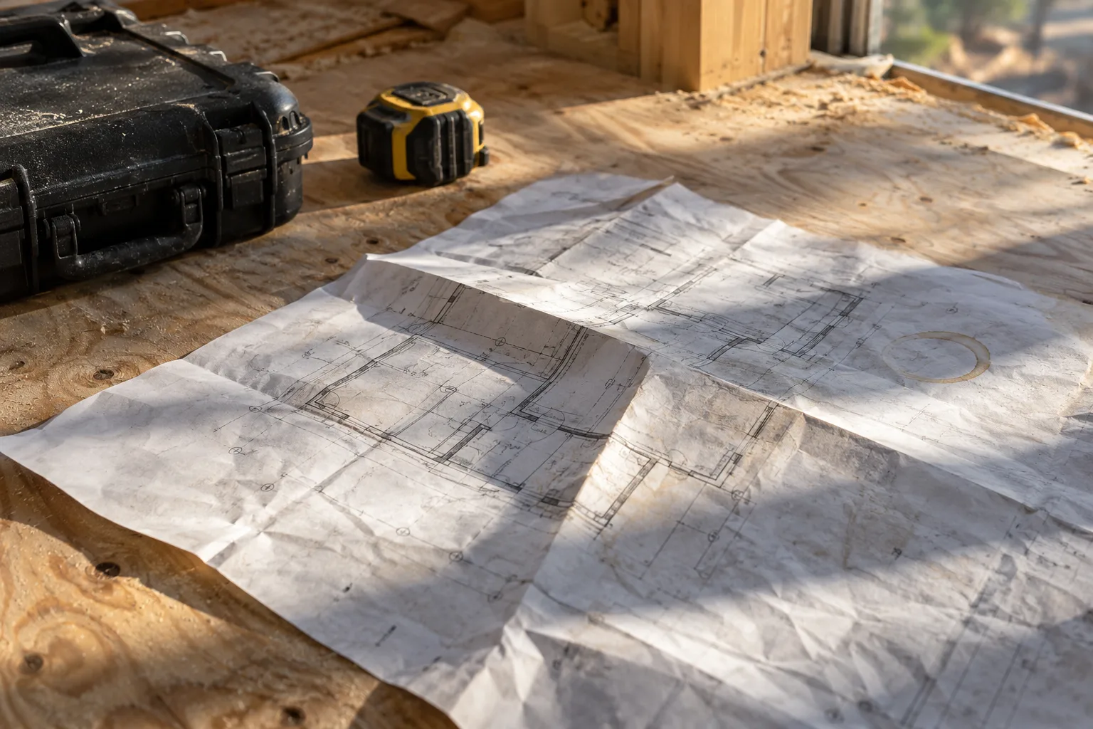 Folded and creased paper plan sheets on a plywood table beside a black equipment case and a tape measure
