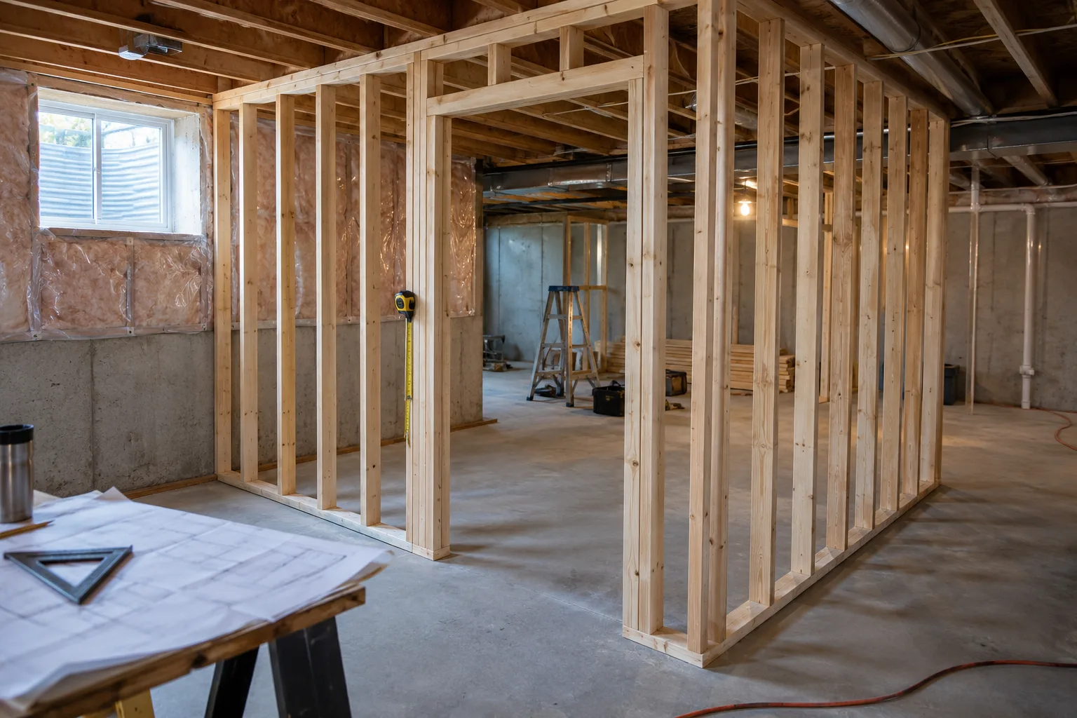 Framed interior partition with a door opening, both faces open, in a basement under construction