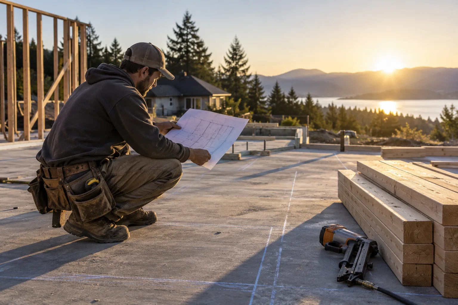 Framer seen from the side checking a wall layout on a printed framing plan beside a stack of studs on a slab