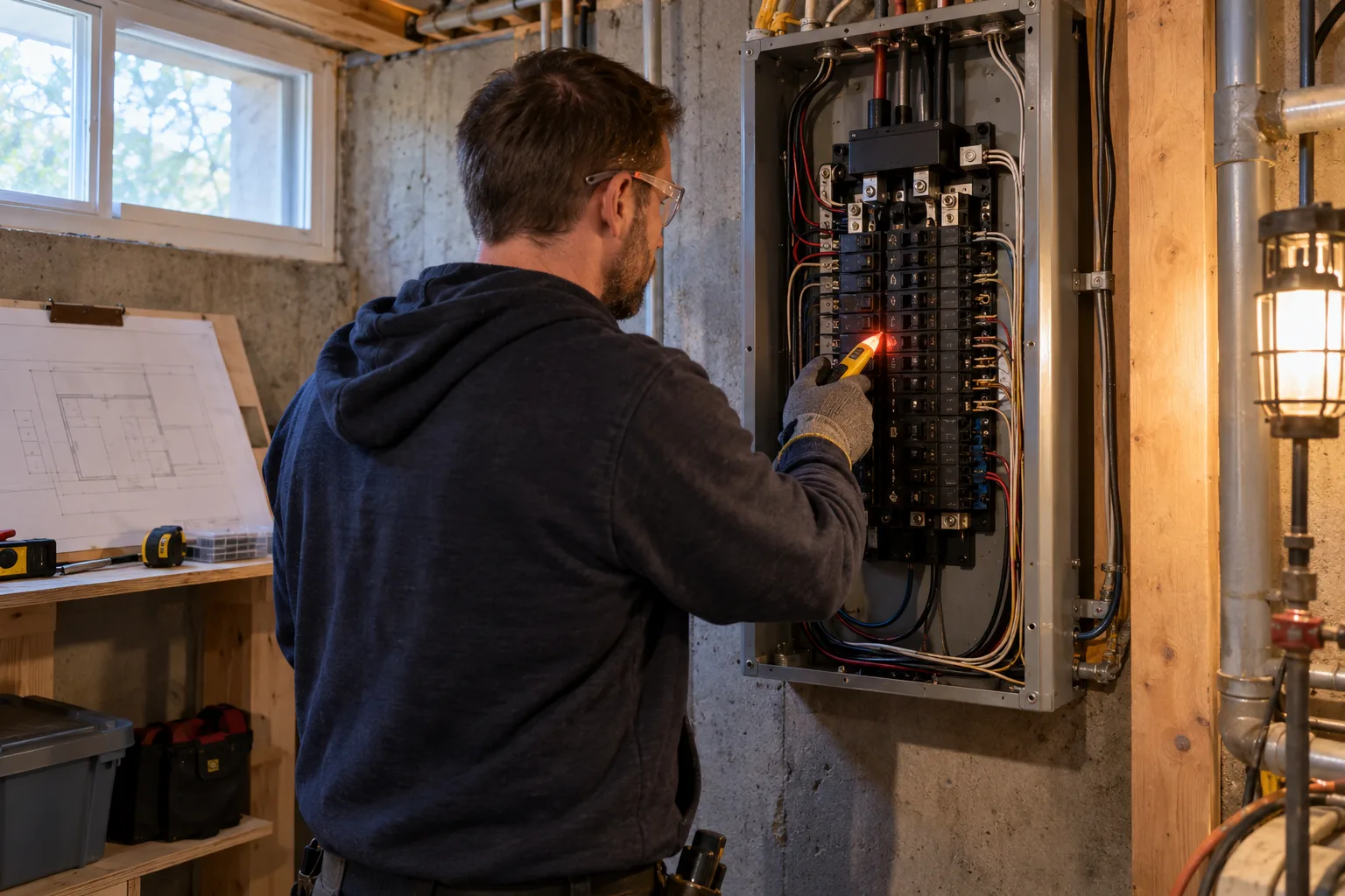Gloved electrician checking breakers in an open residential panel in a basement