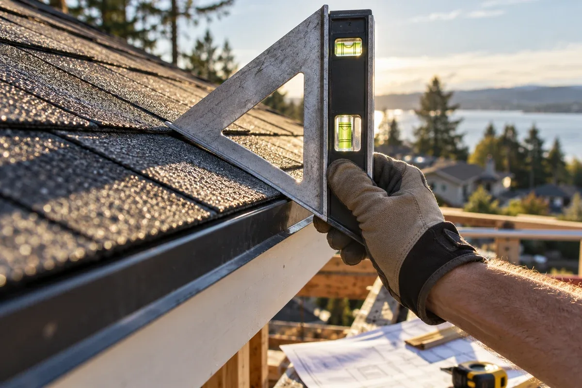 Gloved hand holding a speed square and level against the edge of a shingle roof