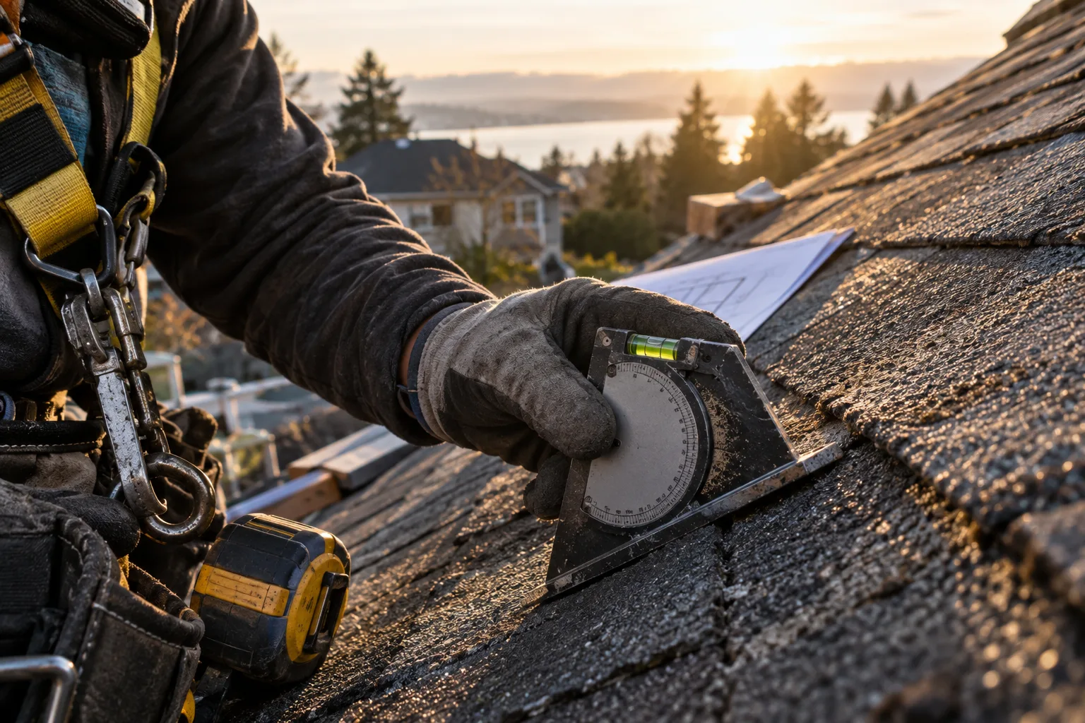 Gloved hand holding a pitch gauge level against a shingled roof plane