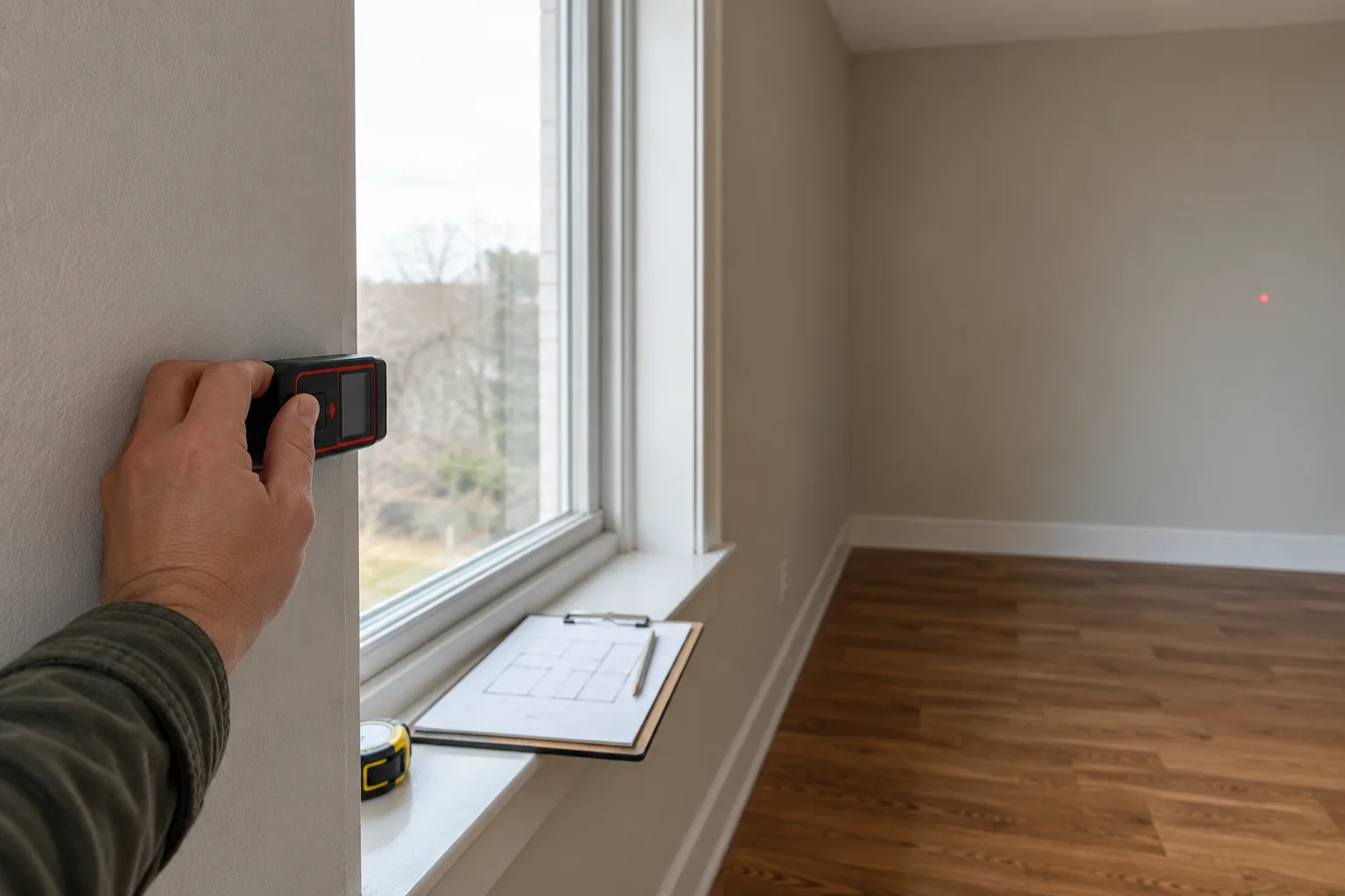 Hand holding a laser distance measure against a bedroom wall beside a window