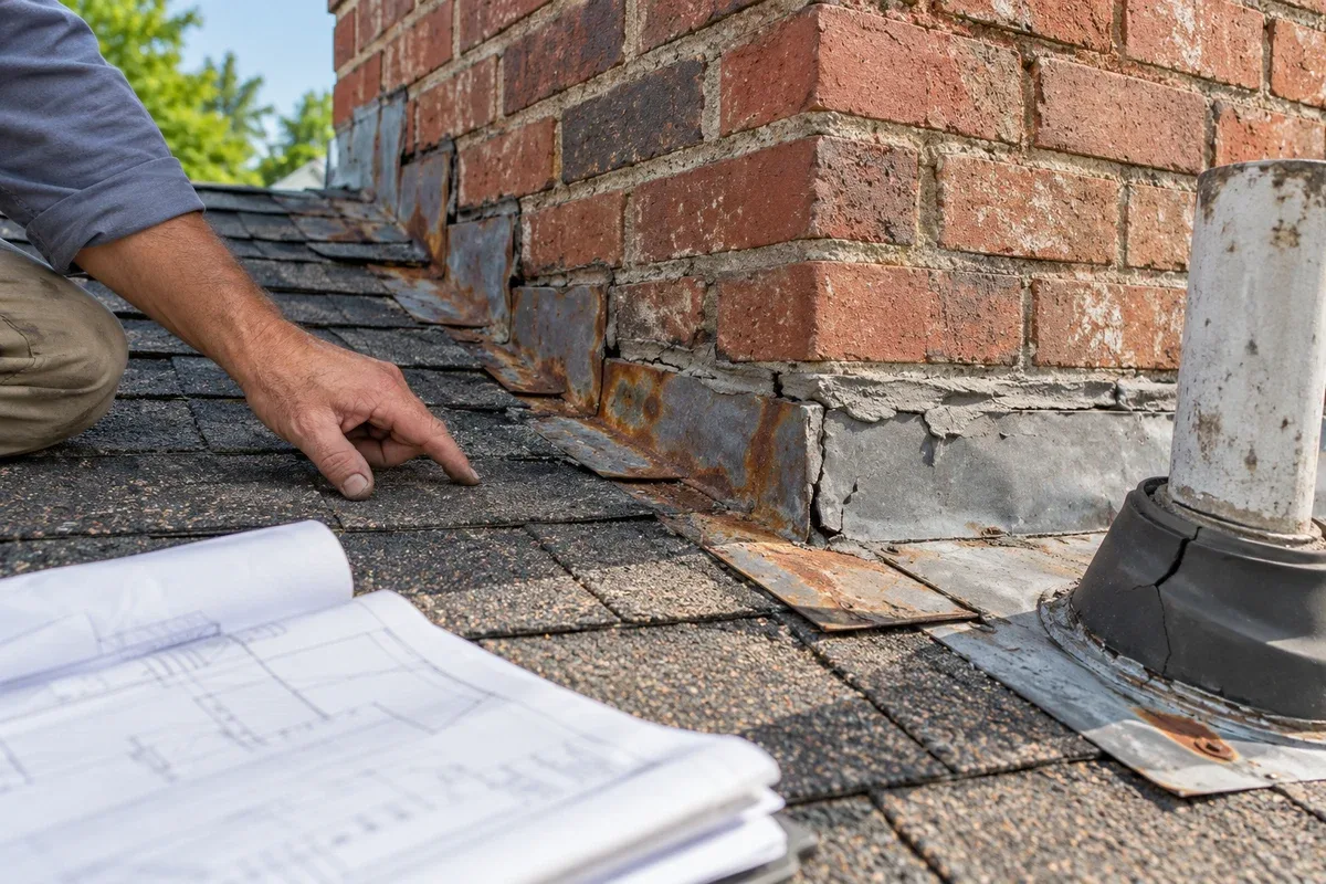 Hand pointing at shingles beside a brick chimney with rusted step flashing and a cracked pipe boot