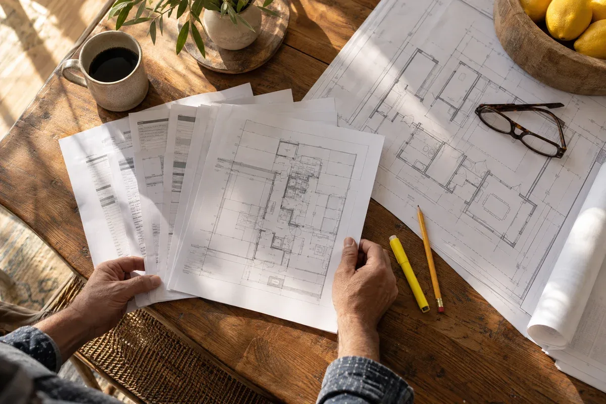 Hands holding printed report pages beside house floor plan sheets, reading glasses, a pencil and a highlighter