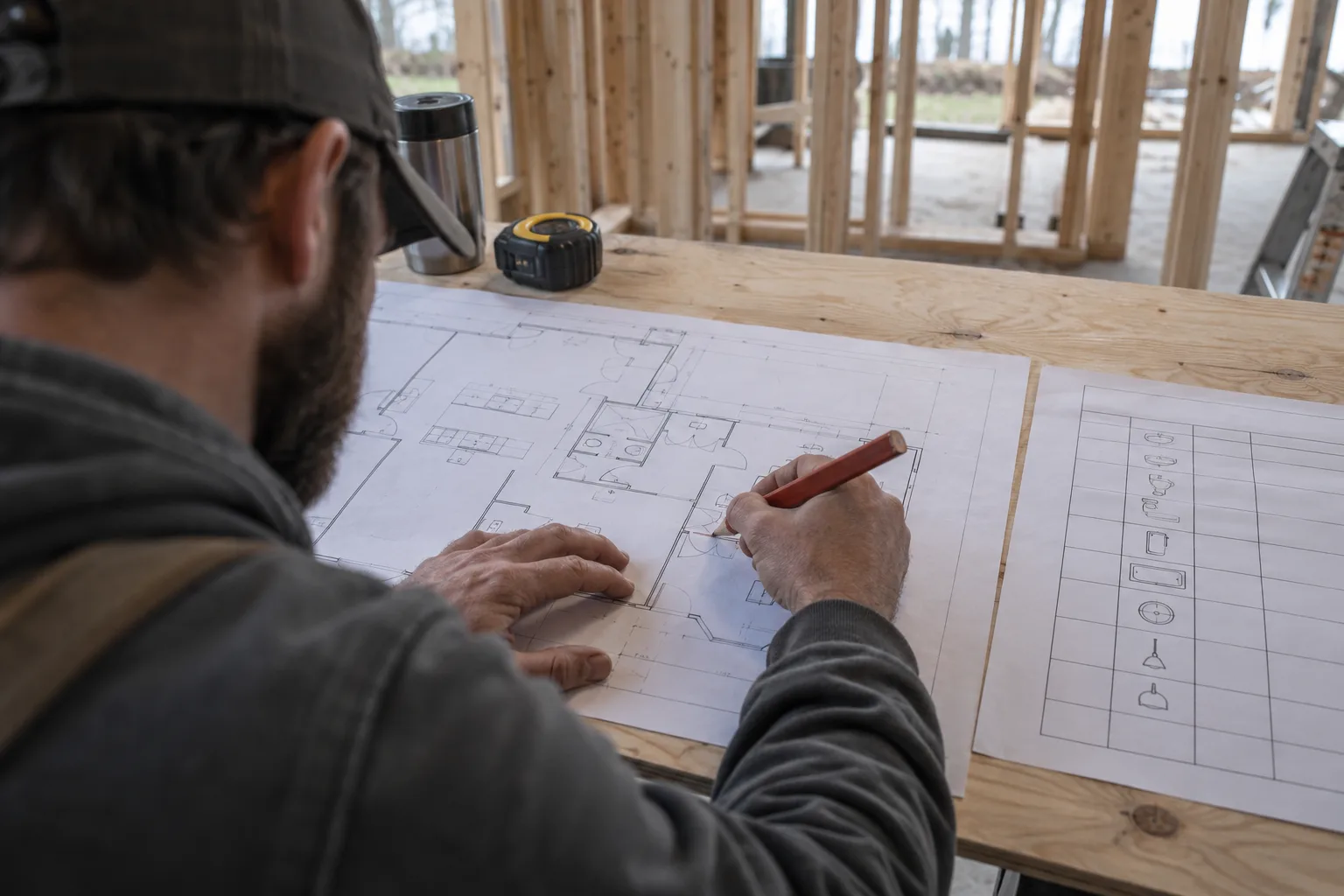 Hands marking fixture symbols on a printed floor plan with a pencil on a plywood table in a framed house