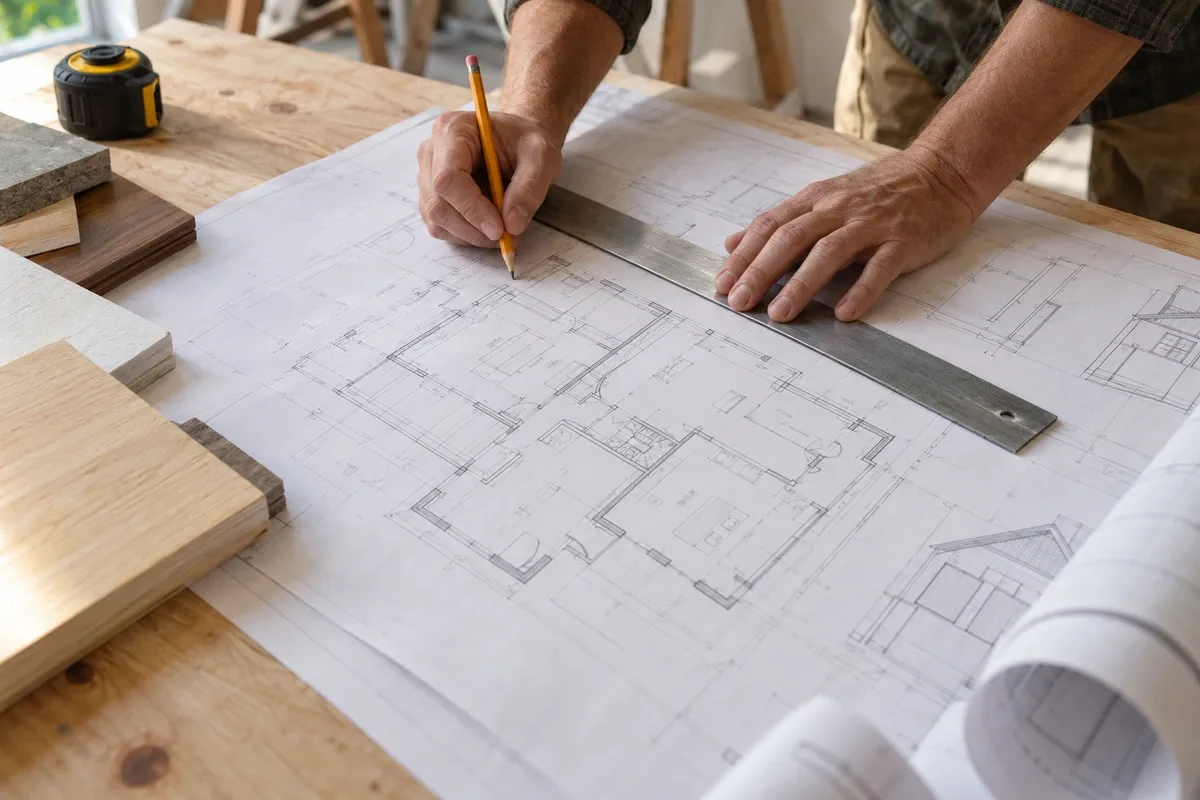 Hands using a pencil and metal straightedge over residential floor plan sheets