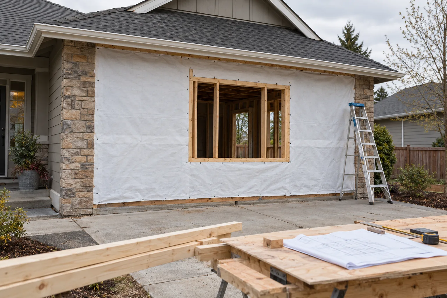 House front where the old garage door opening is framed in and wrapped, with a new window rough opening