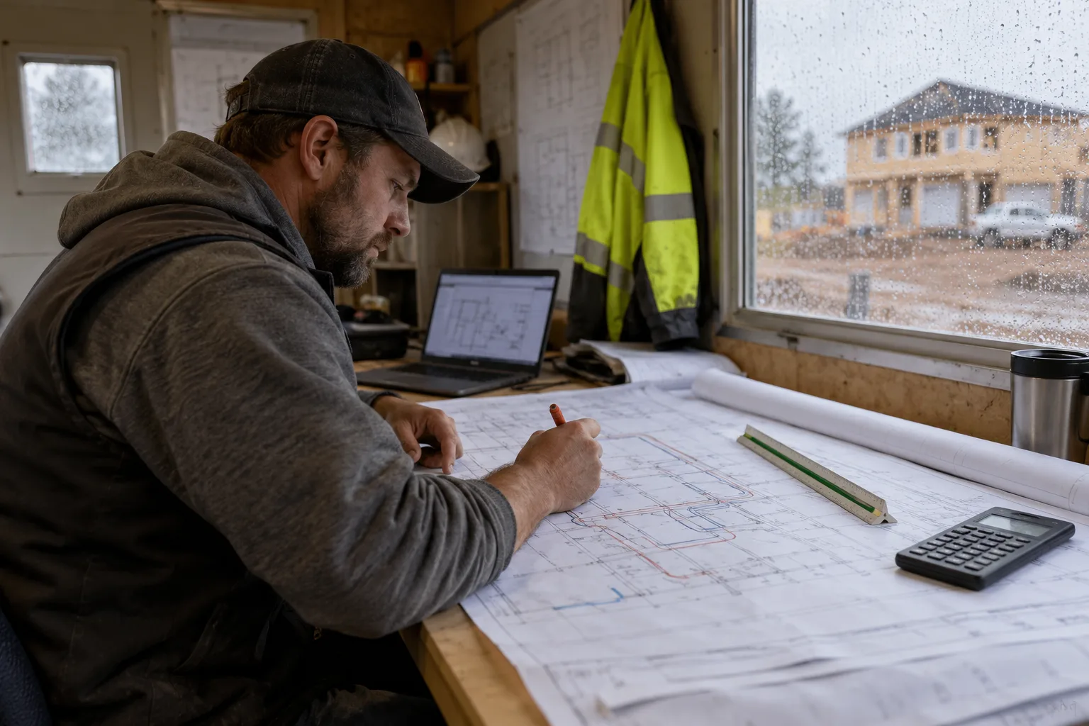 HVAC estimator marking supply runs on a residential mechanical plan in a site trailer