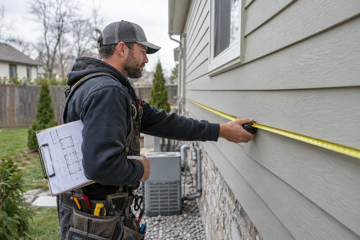 HVAC technician with a clipboard measuring an exterior house wall with a tape measure along lap siding