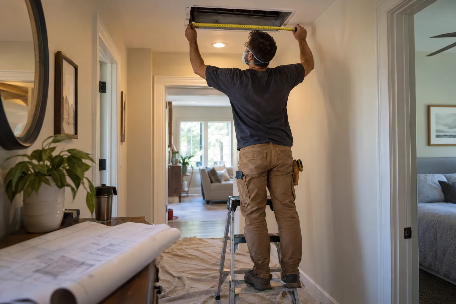 Installer in safety glasses measuring a return grille opening in a hallway ceiling