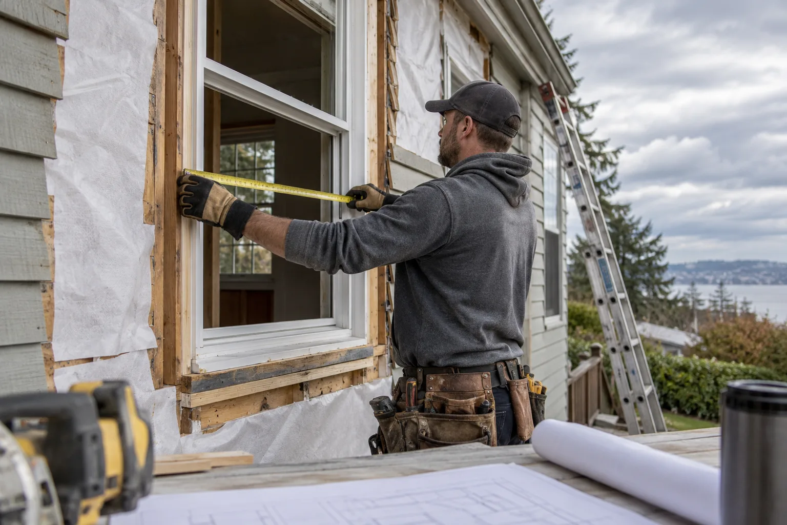 Installer measuring a large window opening with a tape on a cloudy day