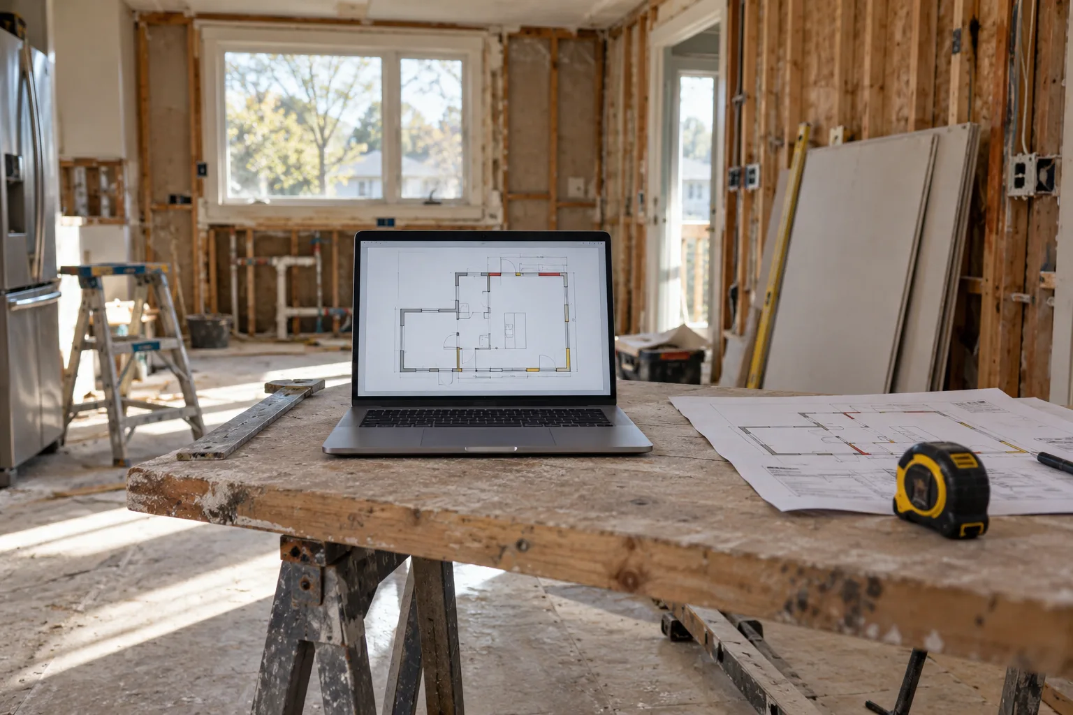 Laptop on a kitchen remodel workbench showing a plan with highlighted walls, next to a printed copy of the same sheet