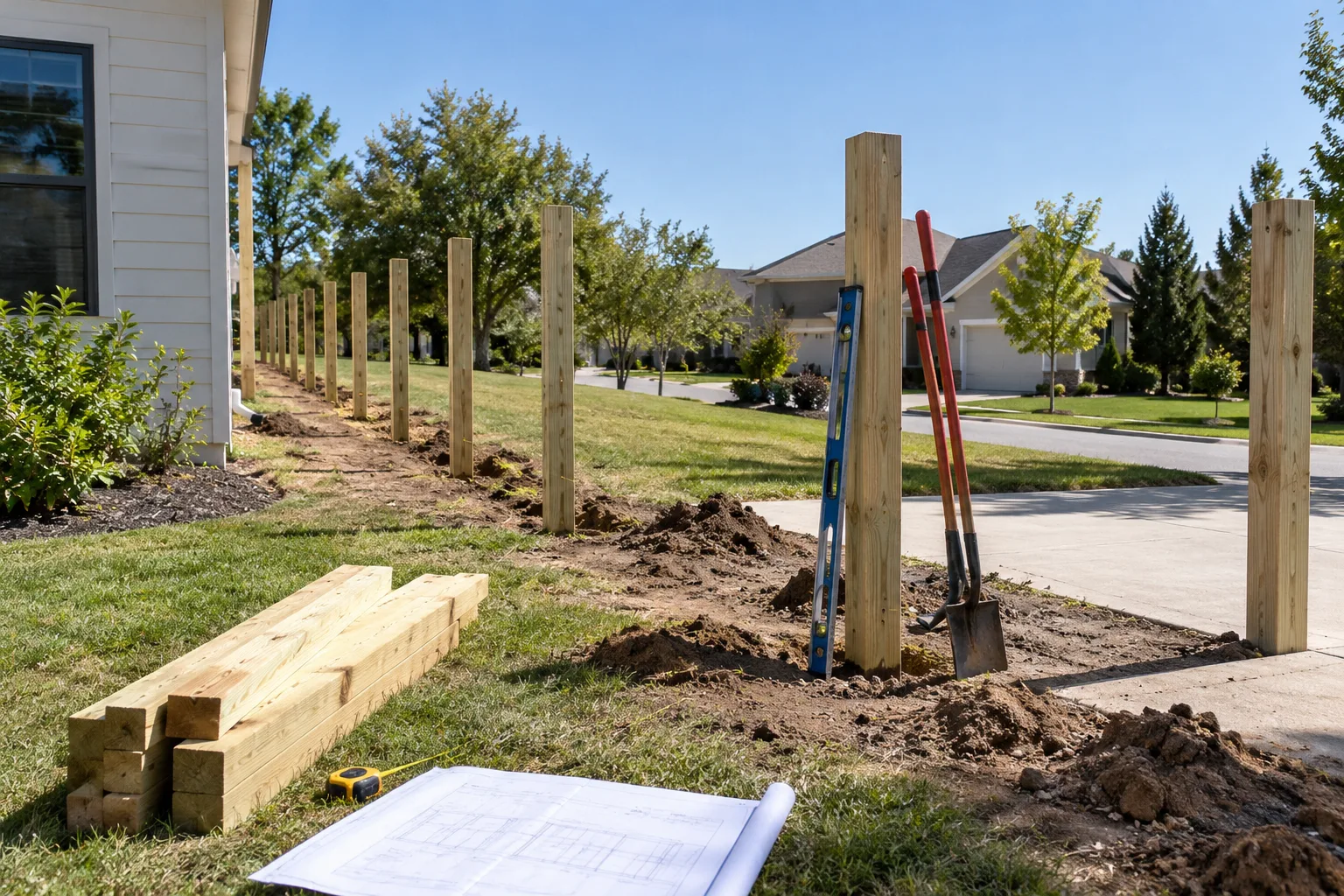 New fence posts set along a corner lot with a gate opening near a driveway