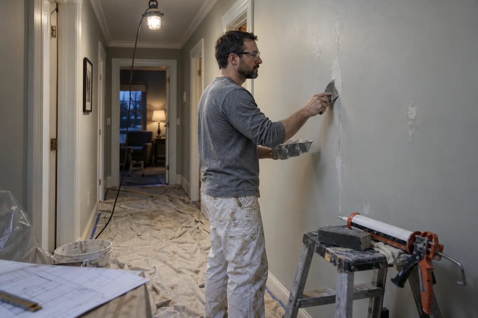 Painter patching nail pops and cracks on a hallway wall with a putty knife