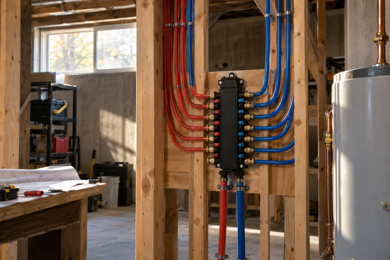 PEX manifold mounted between wall studs with red and blue lines running to fixtures