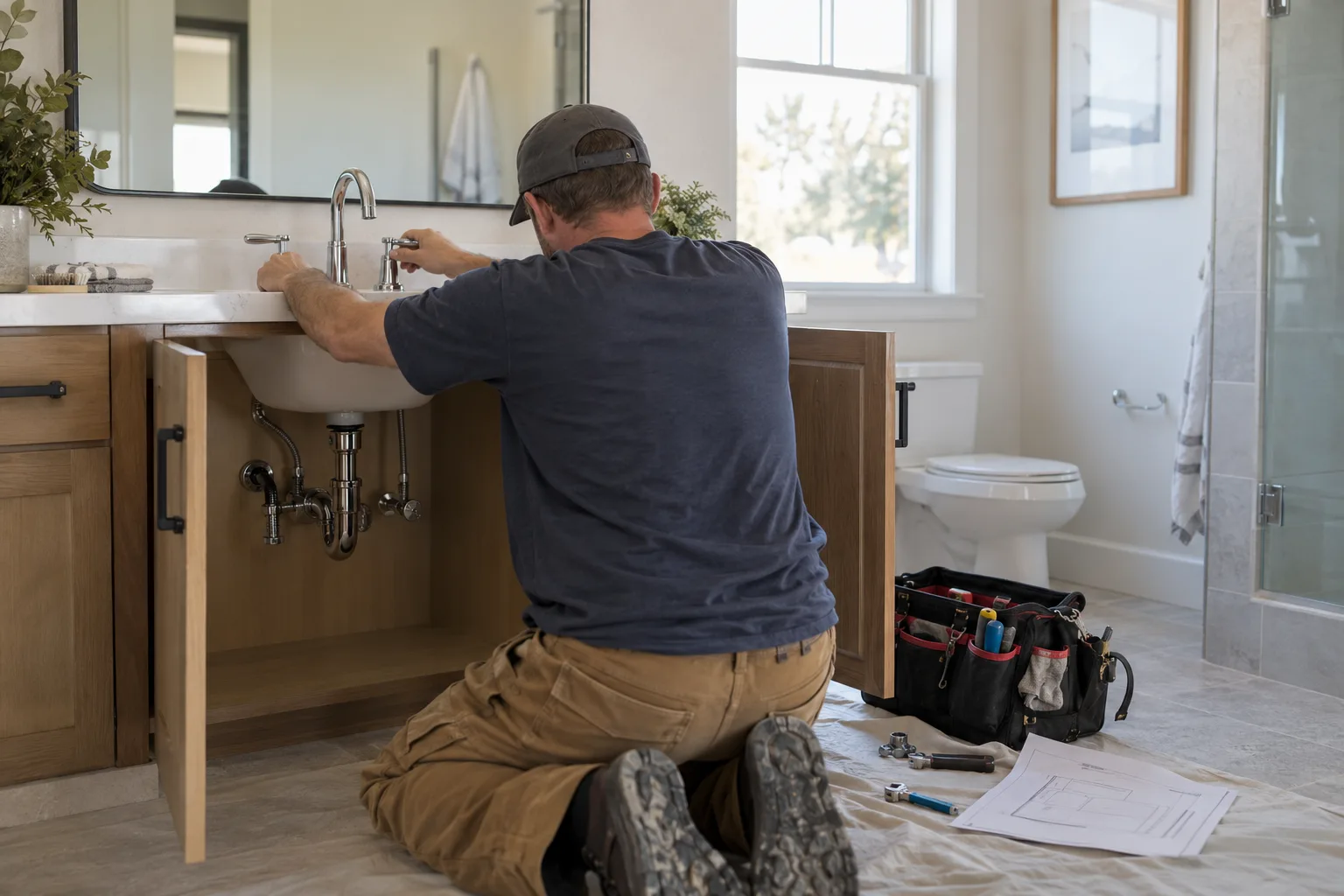 Plumber kneeling at an open bathroom vanity connecting the faucet supply lines