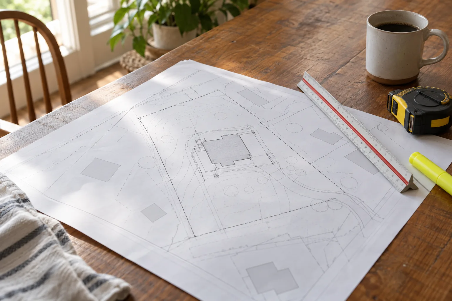 Printed site plan sheet on a kitchen table with an architect scale ruler, a tape measure and a highlighter