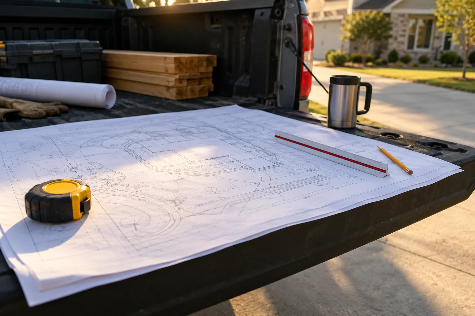 Property survey sheet on a tailgate held flat by a tape measure and a scale ruler